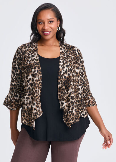 Plus Size Animal Ruffle Trim Cardigan