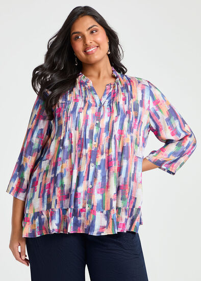 Plus Size Natural Ari Pintuck Check Top