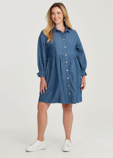 Cotton Chambray Shirt Dress,  Plus Size Cotton Chambray Shirt Dress