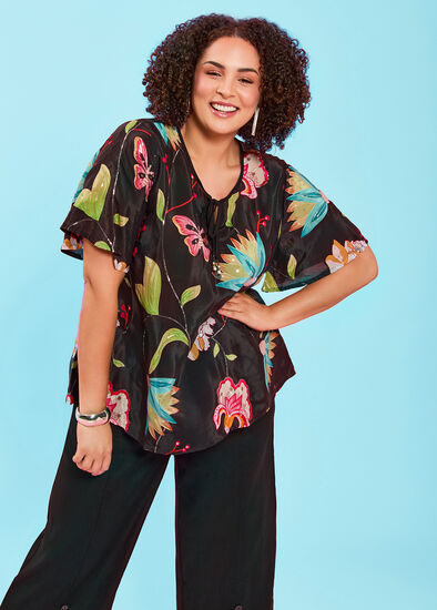 Plus Size Sequin Embroidery Natural Top